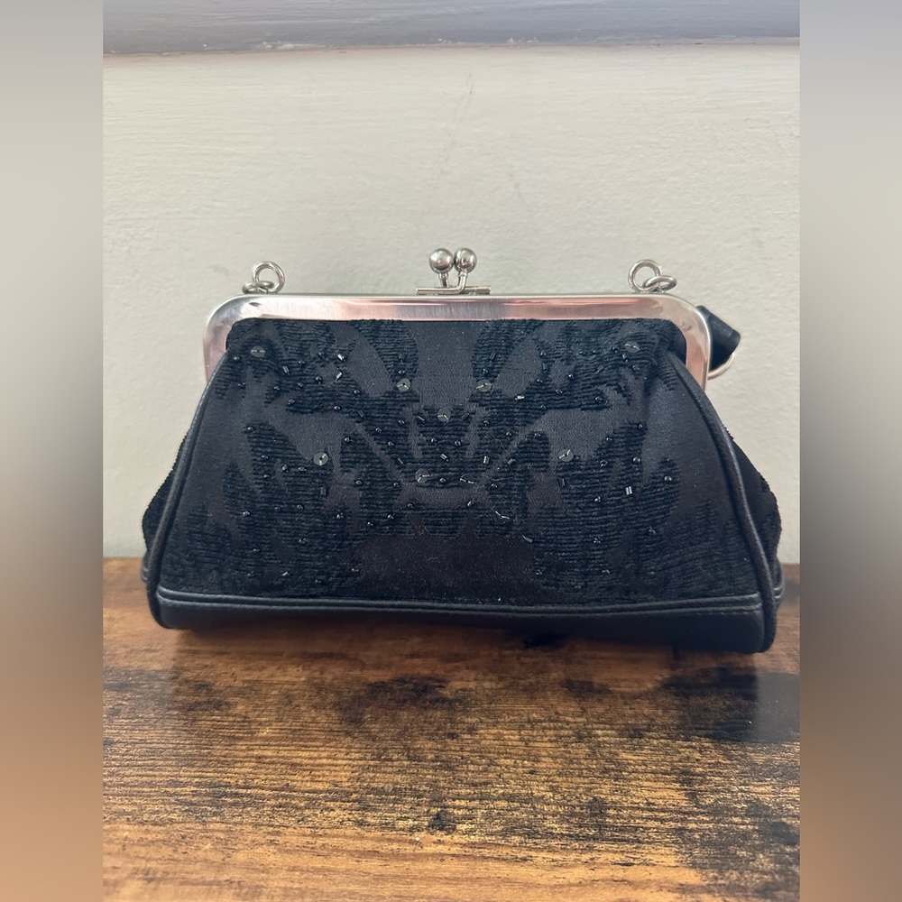 Gorgeous velvet and sequin black clutch with chain and pleather strap